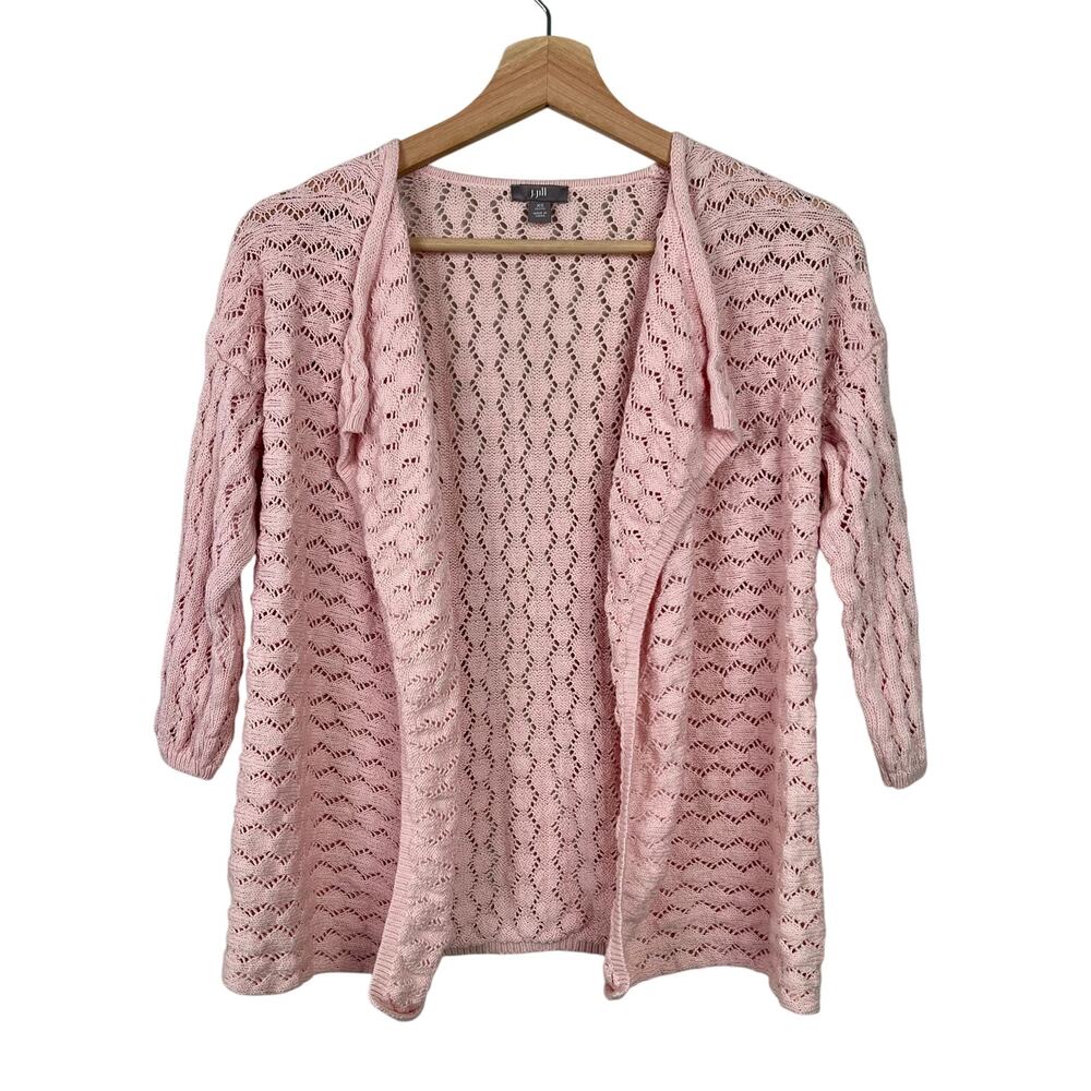 J. Jill Women's Petite XS‎ Linen Blend Pink Open Front Knit 3/4 Sleeve Cardigan